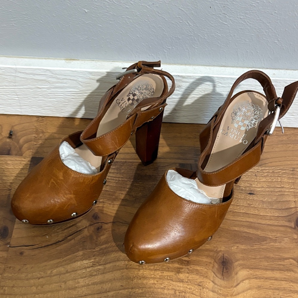 Vince Camuto Tan Leather Mules with Studded Detail